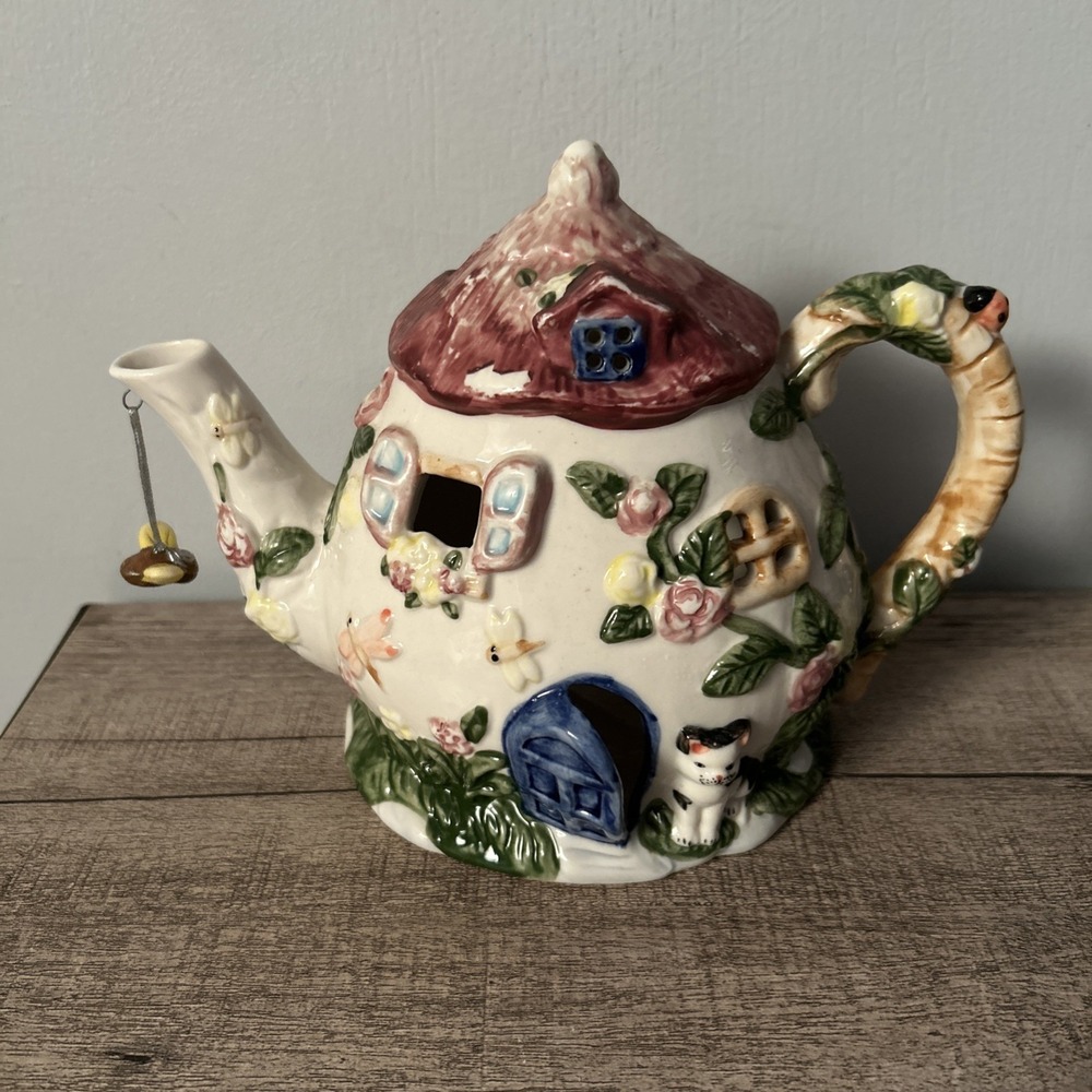 TEAPOT -TEALIGHT Holder -Ceramic Cottage W/Dangling/Hanging Butterfly and Cat+